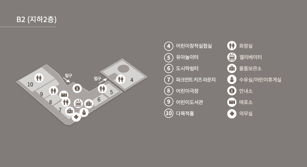 B2(지하2층) 어린이창작실험실 - 해당 층에는 4.어린이창작실험실, 5.유아놀이터, 6.도시락쉼터, 7.시아홀, 8.어린이극장, 9.어린이도서관, 10.다목적홀, 화장실(5개 있음), 엘리베이터(있음), 물품보관소(2개 있음), 수유실/어린이휴게실(있음), 안내소(있음), 매표소(있음), 의무실(있음), 입구(2개 있음)