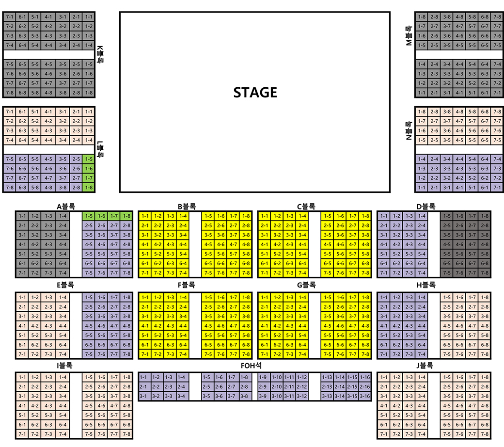 거리두기 객석제 좌석표, 자세한 사항은 본문 참조.