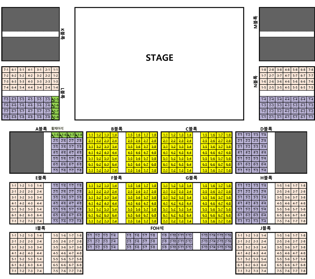 거리두기 객석제 좌석표, 자세한 사항은 본문 참조.