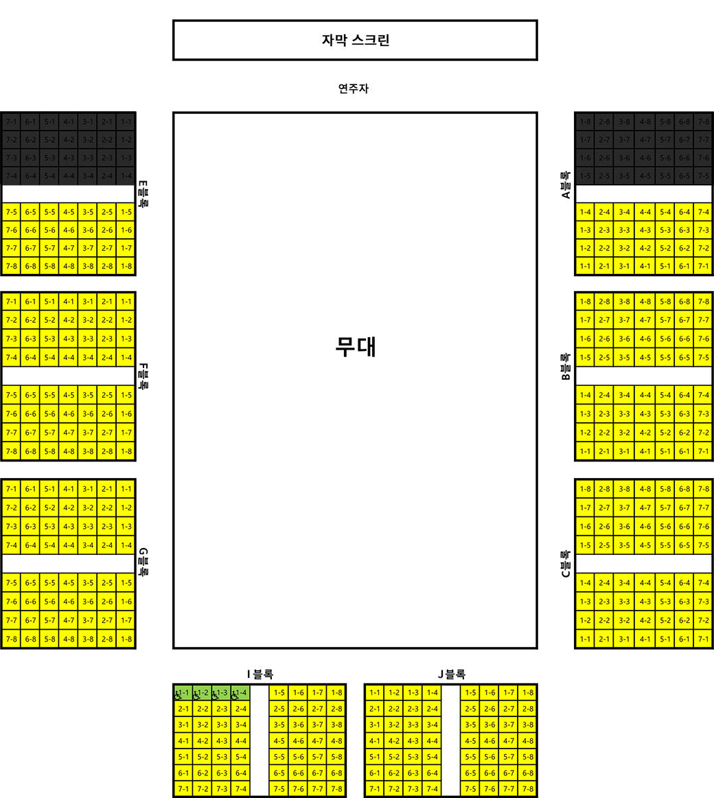 거리두기 객석제 좌석표, 자세한 사항은 본문 참조.