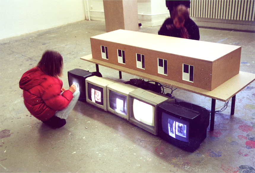 「 dormitory 」 Wooden dormitory model, 5 surveillance cameras, 5 monitors, motor, 80×200×80cm, 2000